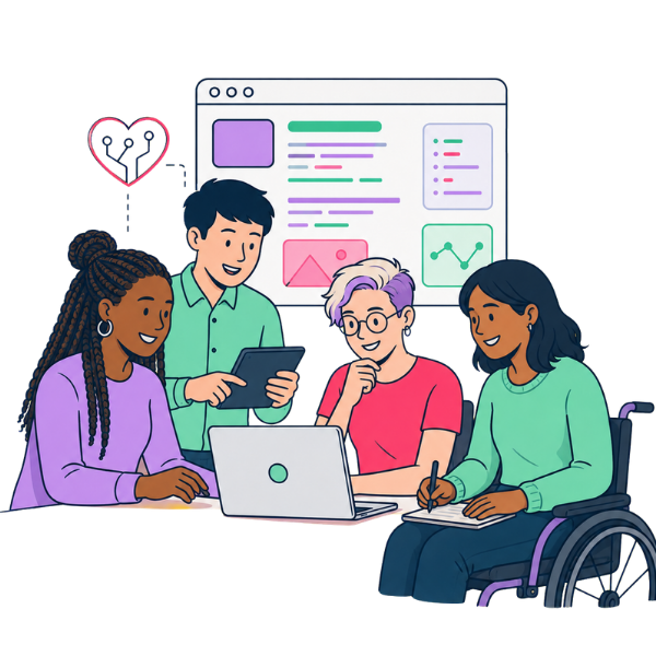a diverse team in a meeting a pink haired lay presenting recruitment strategy to the team who are taking notes on their laptops