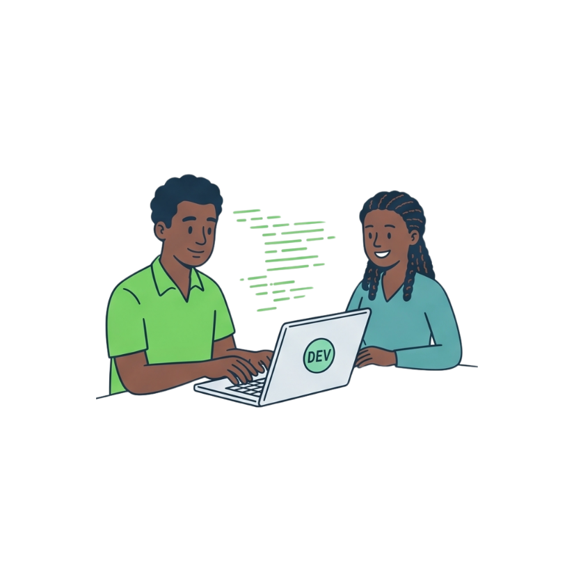Man and woman sat by a laptop, there is code coming out of the laptop to represent coding