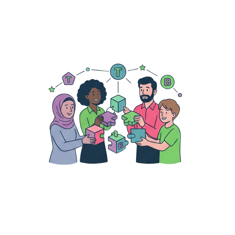 A cartoon outline drawing of a group of people working together to solve a problem. They are a diverse team working together to form a community.