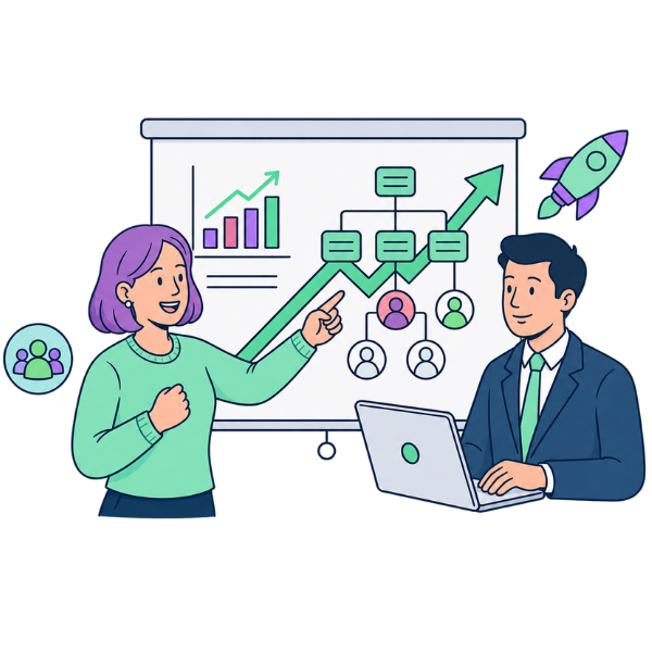 cartoon of a man and woman looking at a recruitment forcast on a whiteboard, man holding a laptop