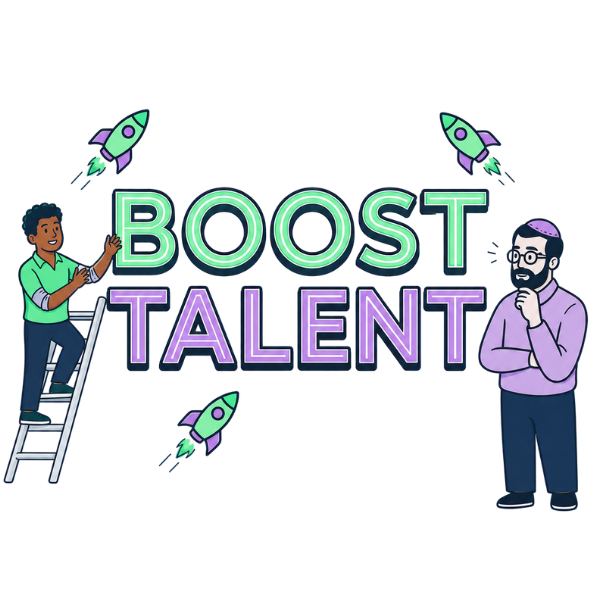 two men next to a sign that says boost talent one man climbing up the ladder next to the sign, surrounded by rocketships