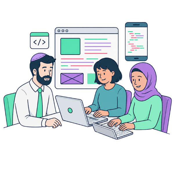a team sat around one laptop working together, its a diverse team that are working on a project
