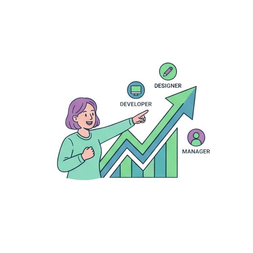 a lady showcasing a graph showing career progression in tech