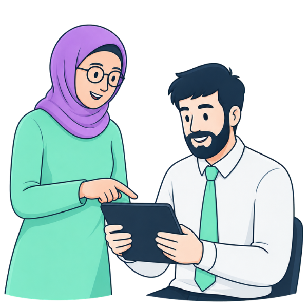 woman in head scarf and man in white shirt both smiling and working together on work on an ipad