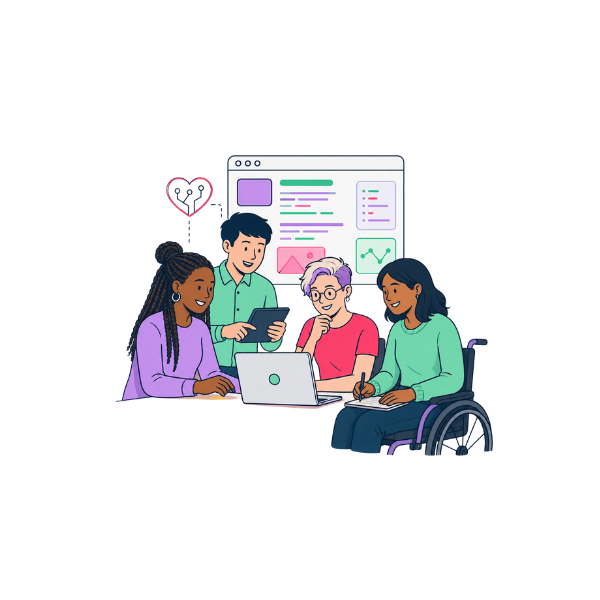 a group of people sat looking at a laptop
