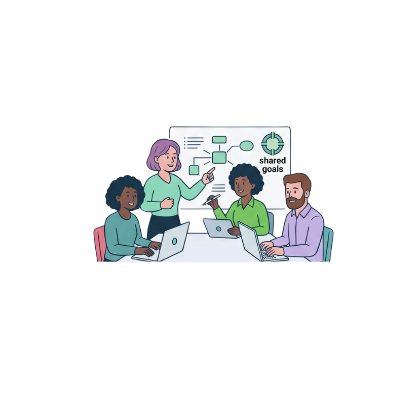 a diverse team in a meeting a pink haired lay presenting recruitment strategy to the team who are taking notes on their laptops