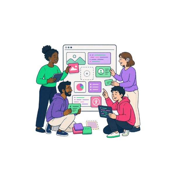 A group of diverse colleagues working together on a whiteboard style piece of work