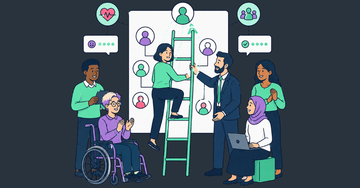 A group of diverse colleagues working together on career progression and climbing the ladder