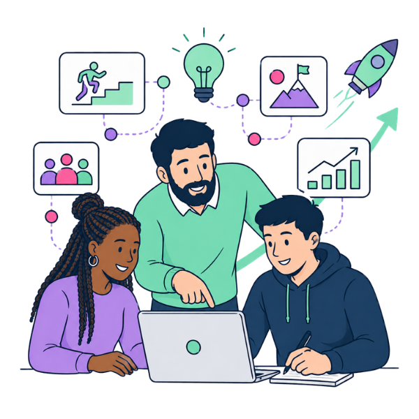two men and women working over a laptop Leadership coaching and team growth